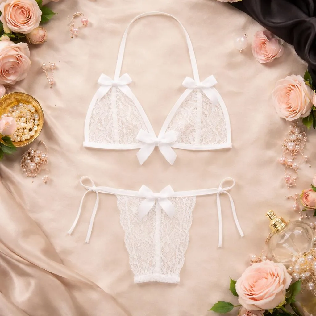 Lace-Up White Transparent Bra Panty Set for Women & Girls'
