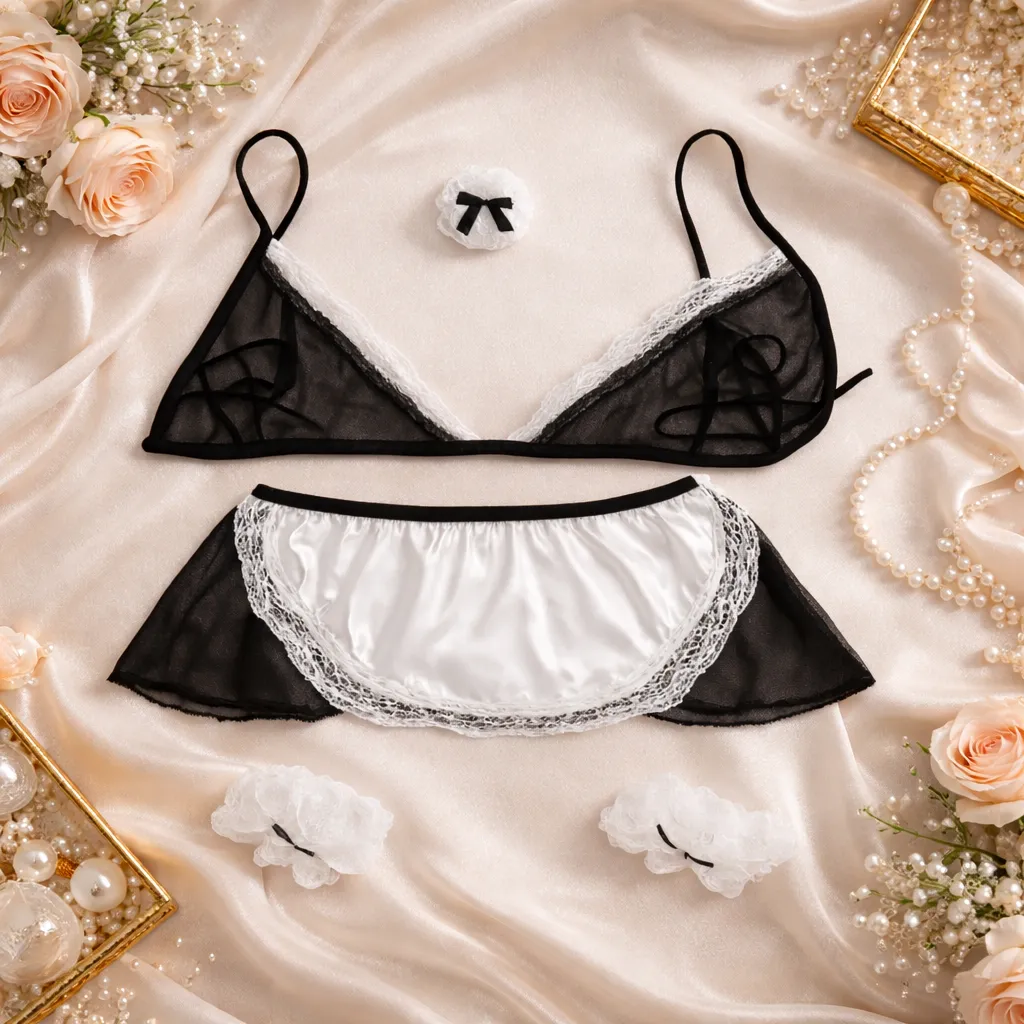 Imported Night Swing Black Lace Mesh Maid Lingerie Set - China