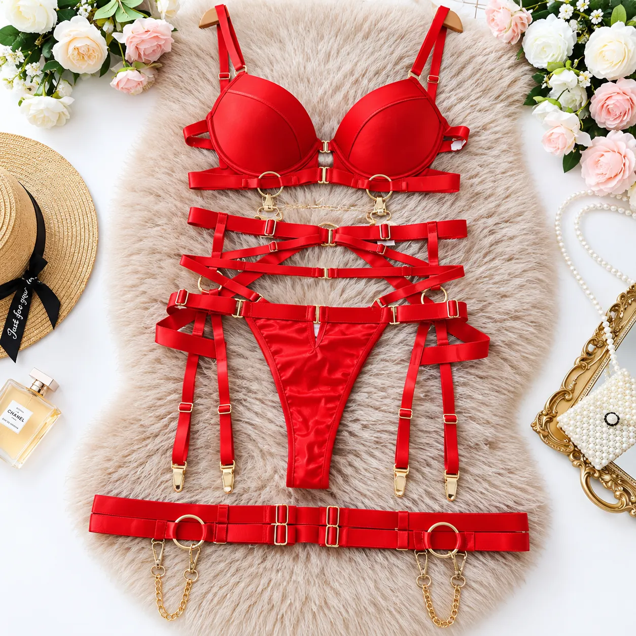 Lingerie Punk Wind Solid Color Four Piece Set - Red