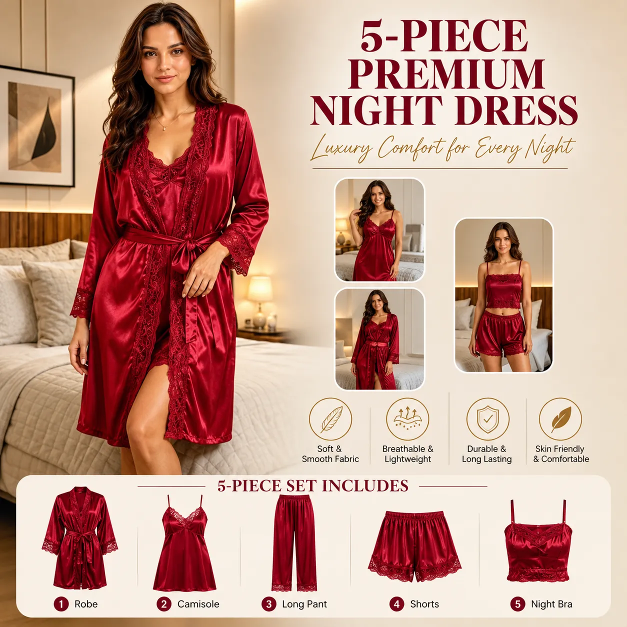 Maroon China Glazy 5-Piece Full Sleeve Nighty Set