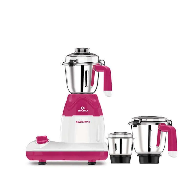 Bajaj HexaGrind 600 Watt Blender & Mixer Grinder With 3 Jars- White and Majenta