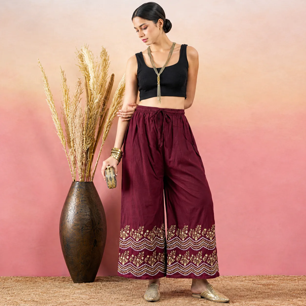 Women’s Wine Berry China Linen Printed Palazzo