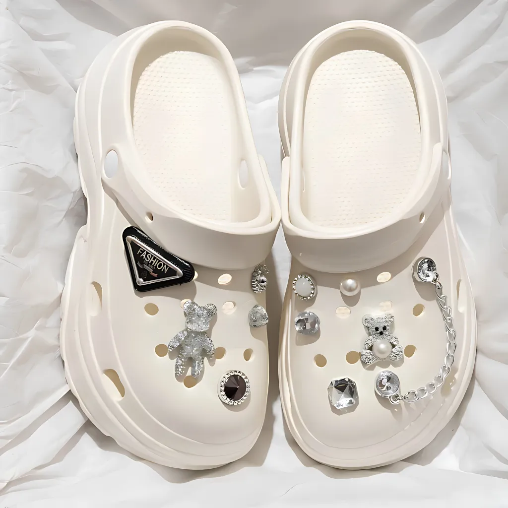 Women Teddy & Chain Bear Clogs - Cream