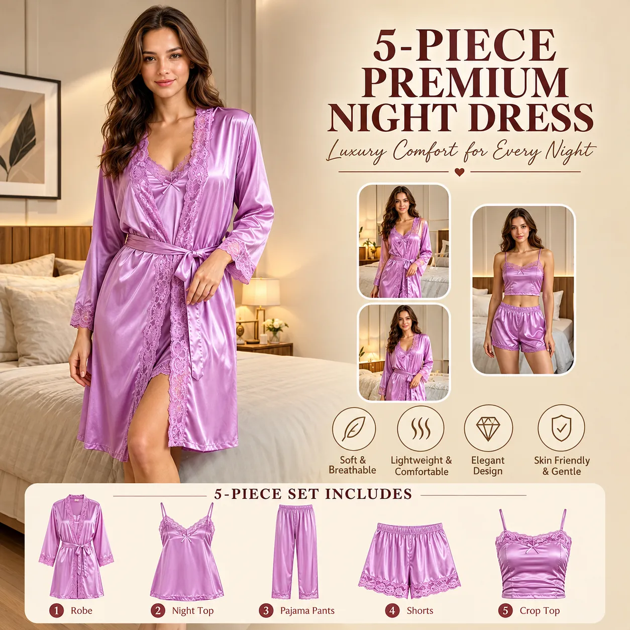 Lavender China Glazy 5-Piece Nighty Set