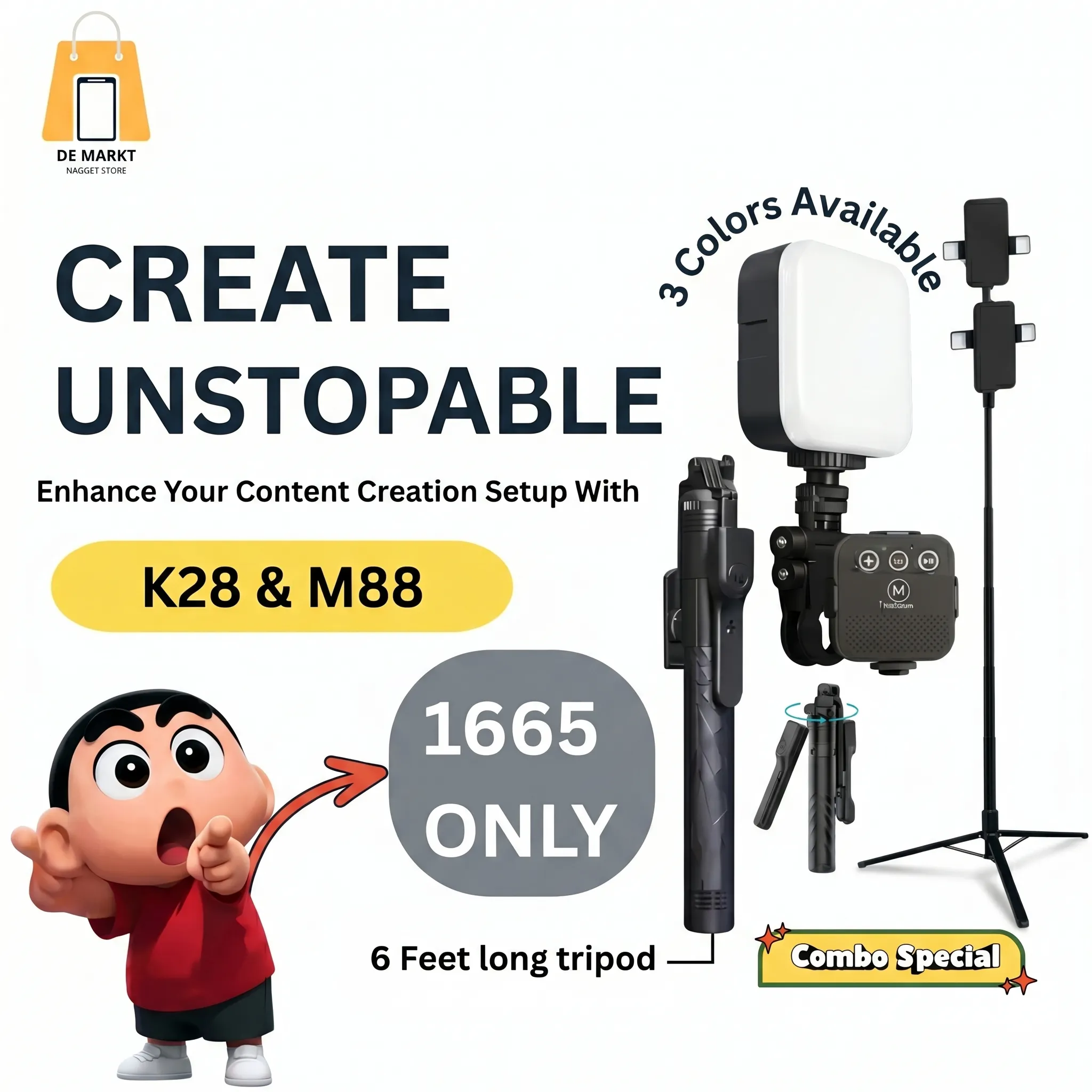 K28 Selfie Stick Tripod + M88 LED Video Light – Bluetooth Remote, Adjustable, Vlogging & Selfie Kit