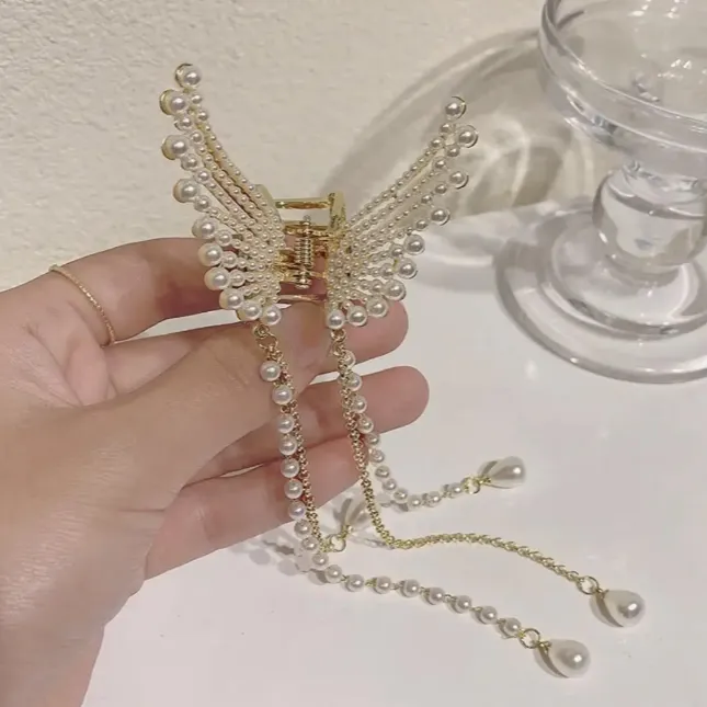 Tassel Butterfly Pearl Hair Clip For Women, Hair Claw Hairpin, Hair Crab Hair Accessory