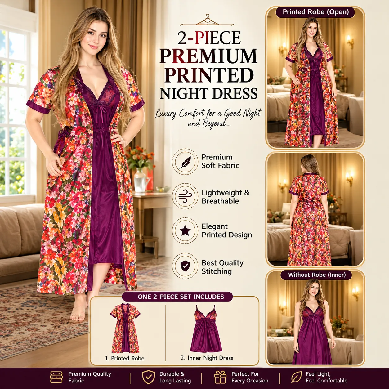 Pansy Purple Printed Nightdress for Women