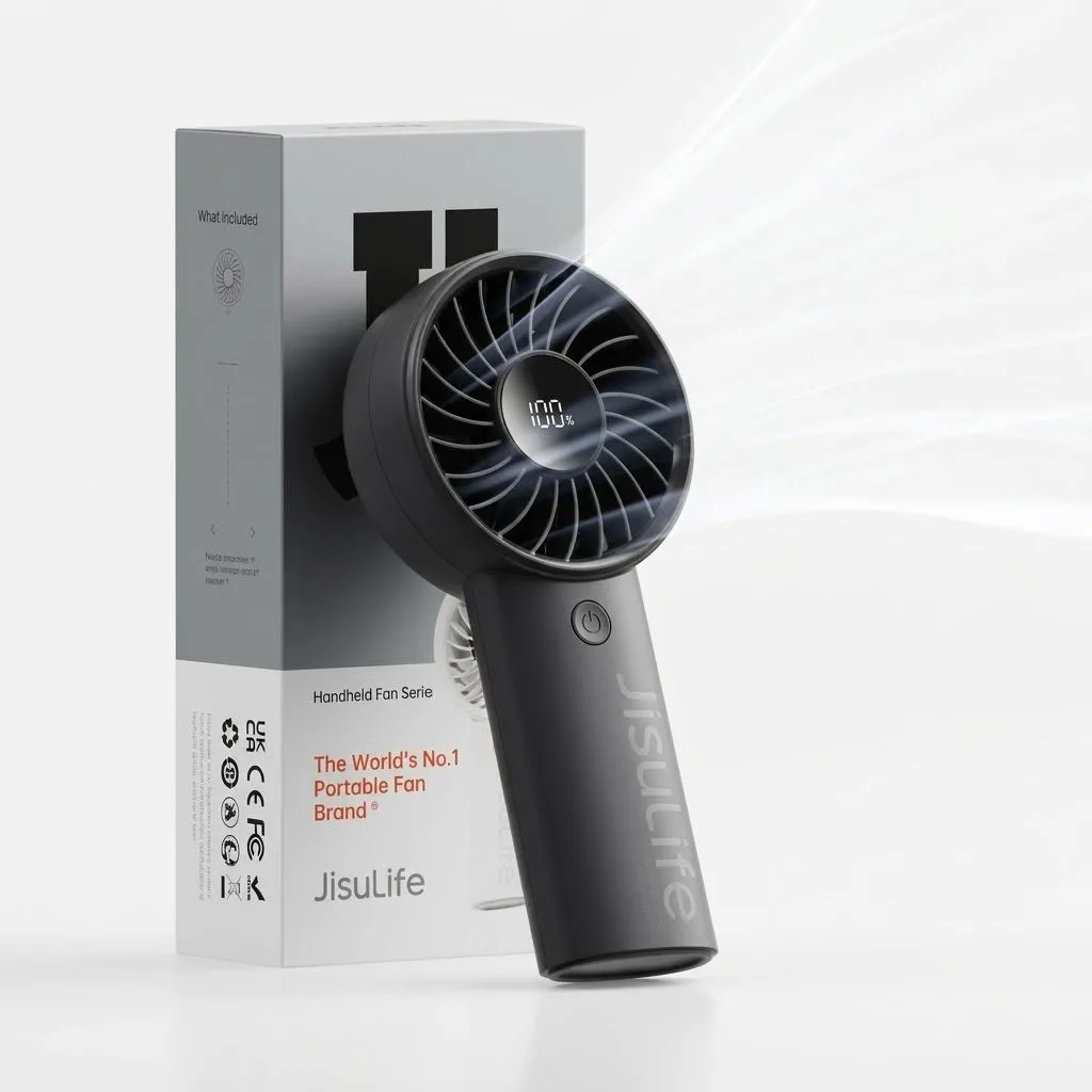 JisuLife Handheld Fan Life4 — 3600mAh Battery, 5-Speed Turbo Wind, LED Display, Long-Lasting 15H Cooling Fan