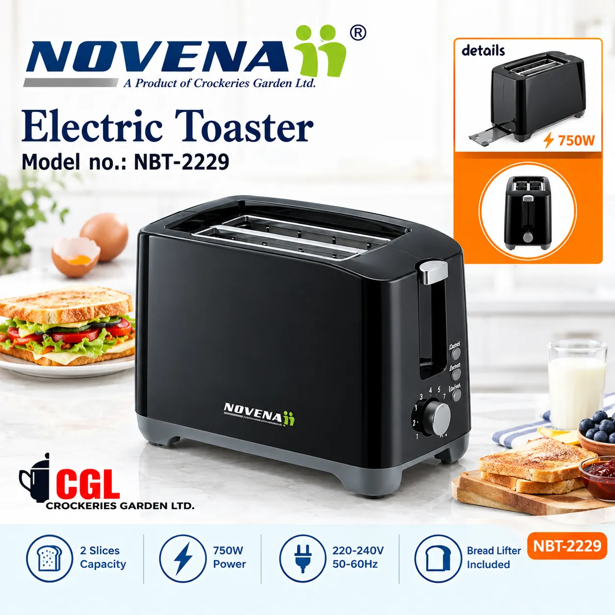 Nonena 2 Slice Bread toaster NBT-2229