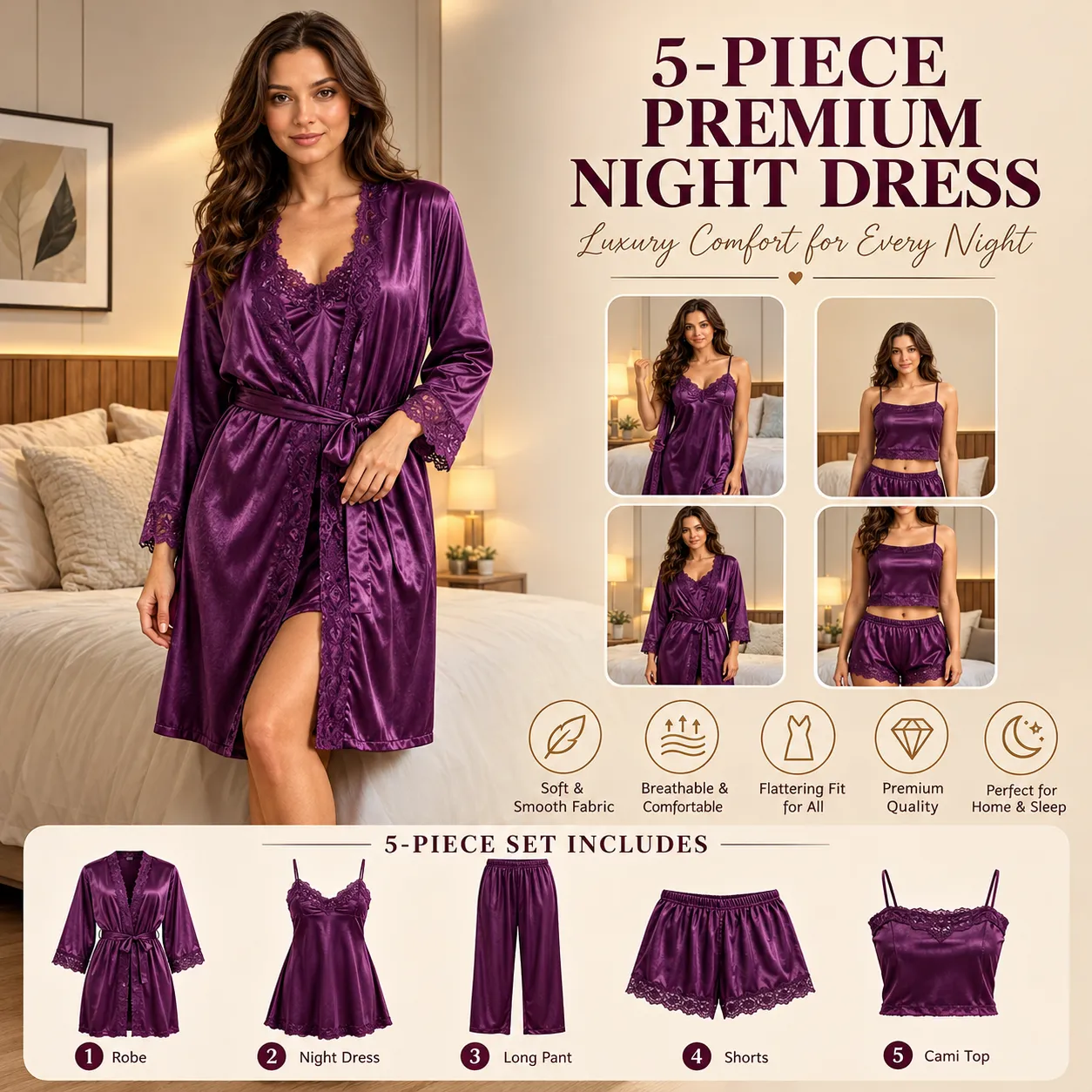 Deep Jam China Glazy 5-Piece Full Sleeve Nighty Set