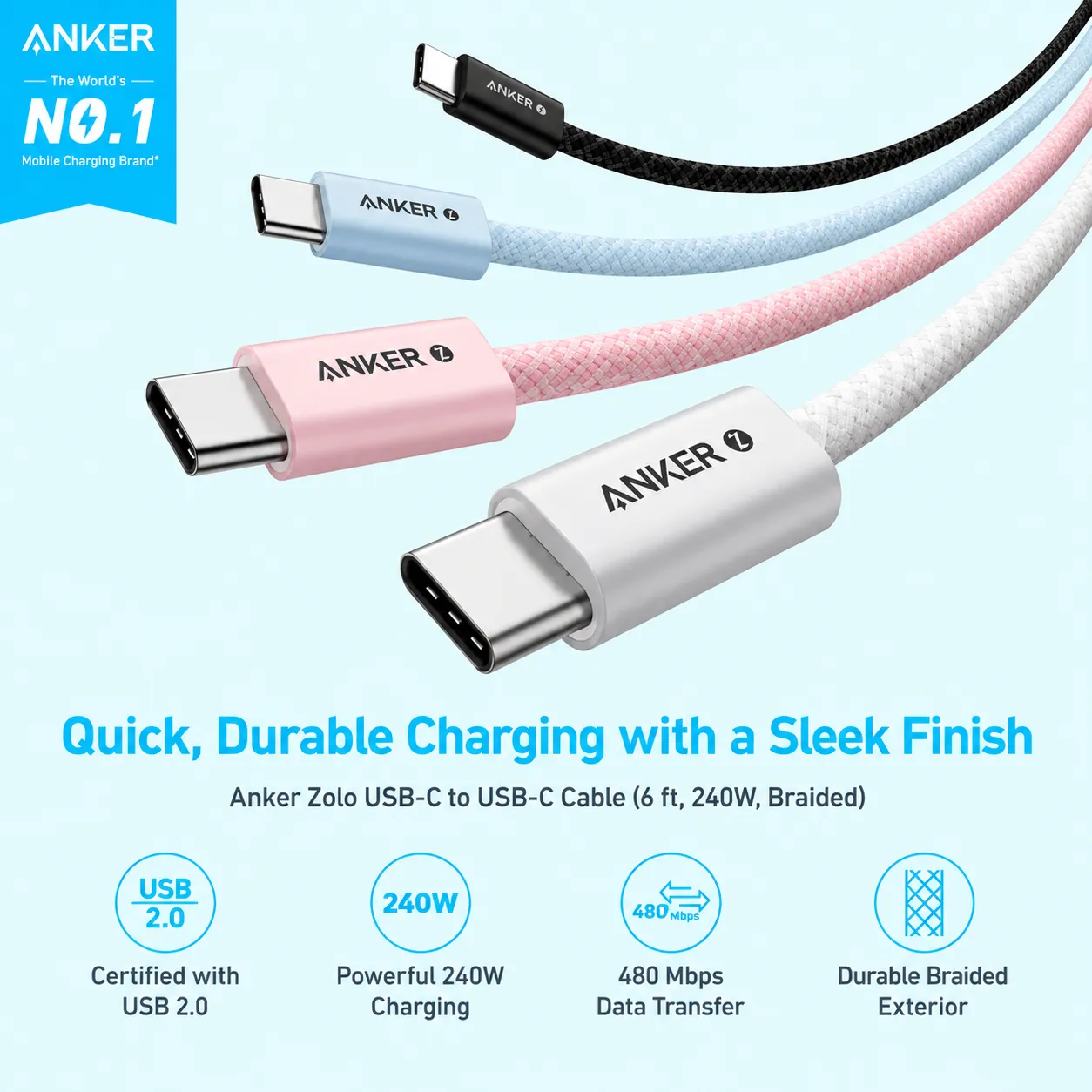 Anker Zolo 240W USB C to USB C Cable