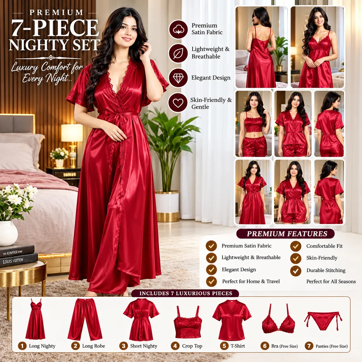 Luxurious 7-Piece Nighty Set – Amaranth