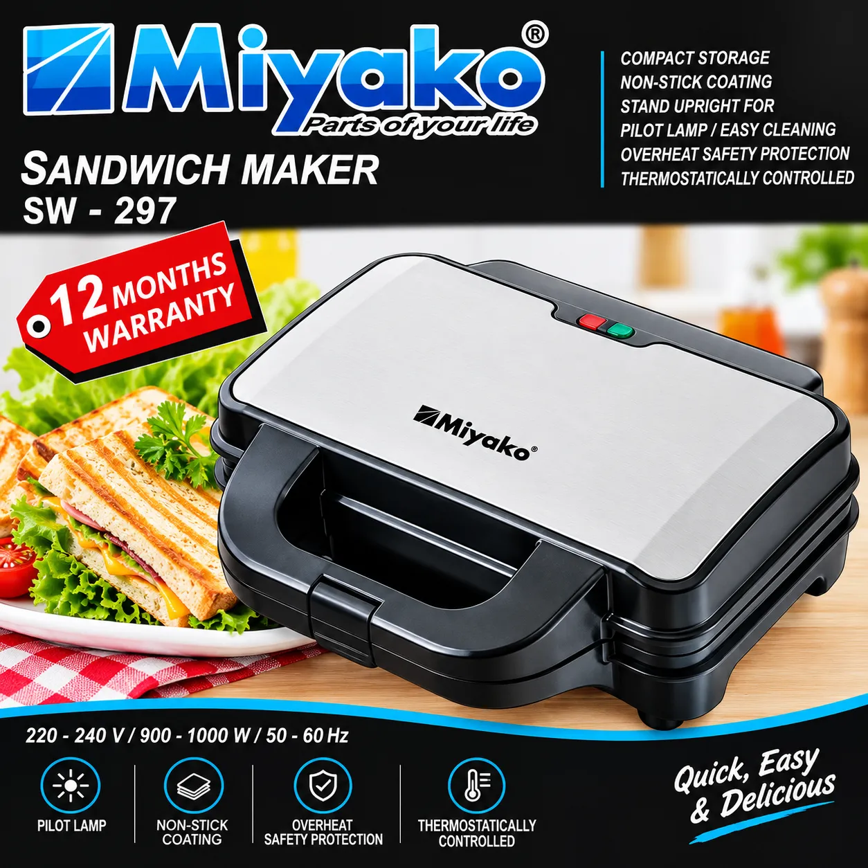 Miyako Sandwich Maker 1000 Watts SW-297