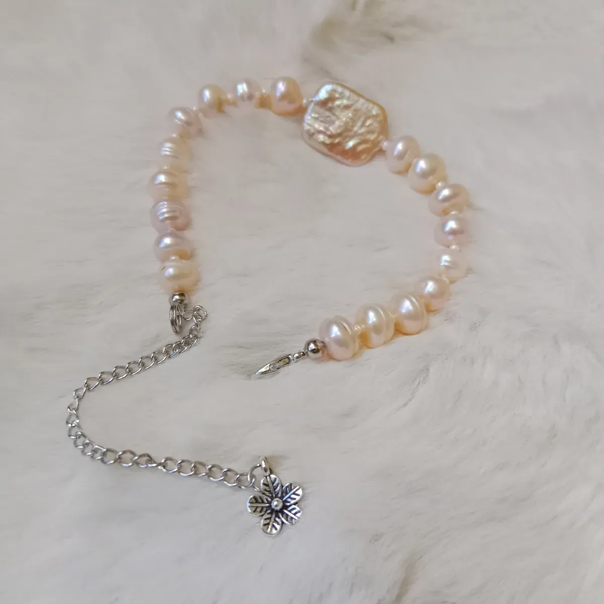 Peach Colour Fresh Water Pearl Adjustable Bracelet