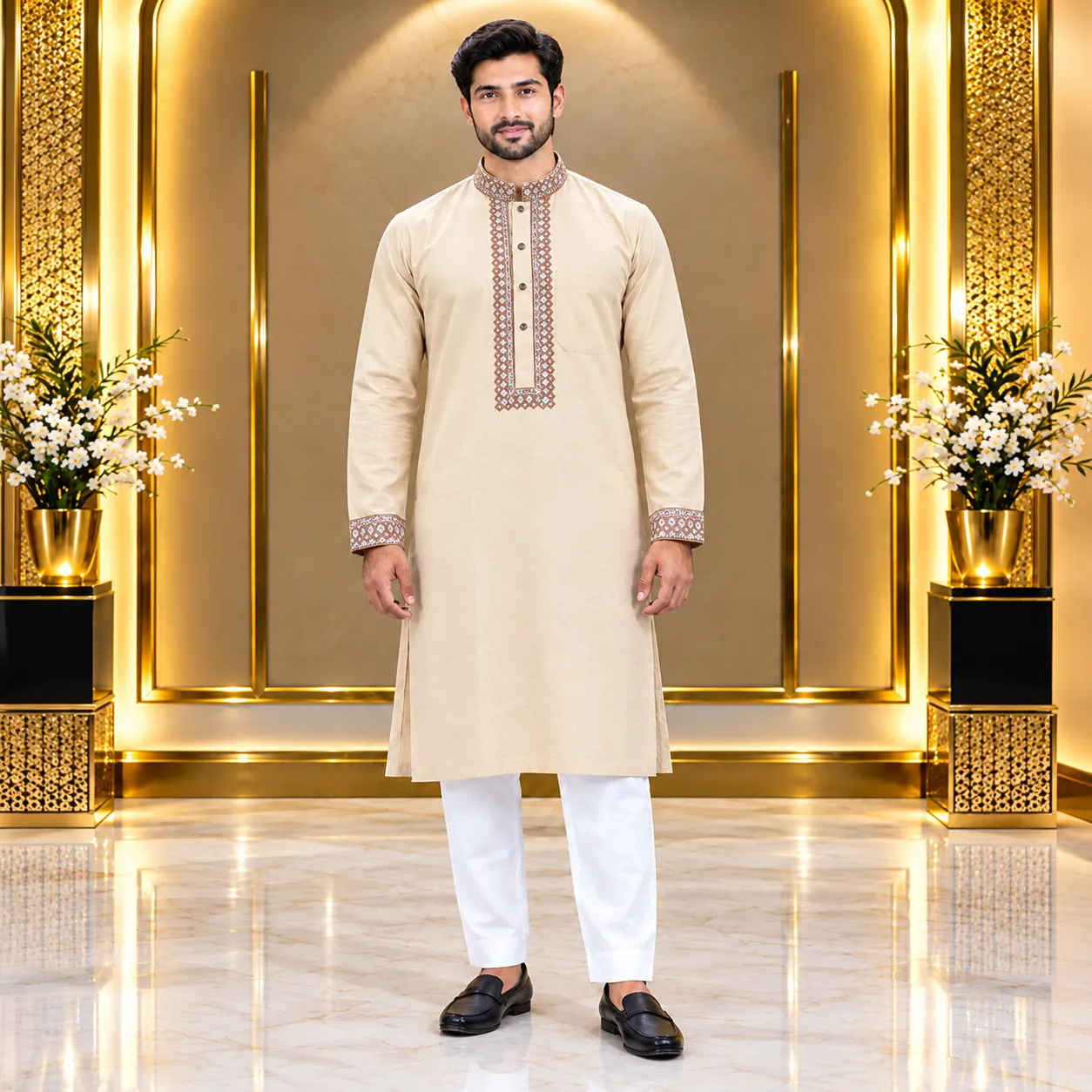 Beige Panjabi for Men with Patterned Collar