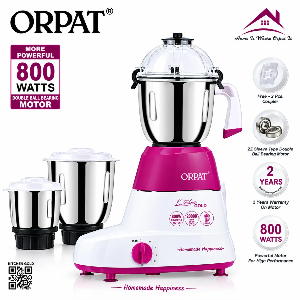 ORPAT Mixer Grinders Kitchen Gold 800W 3SS Jars