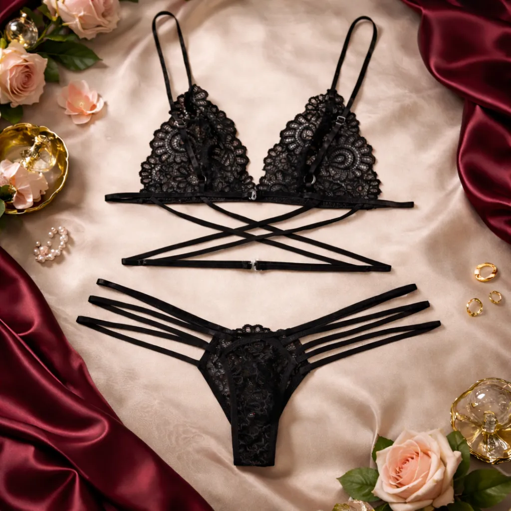 Unique Lace Design Trendy Black Bikini Set (China)