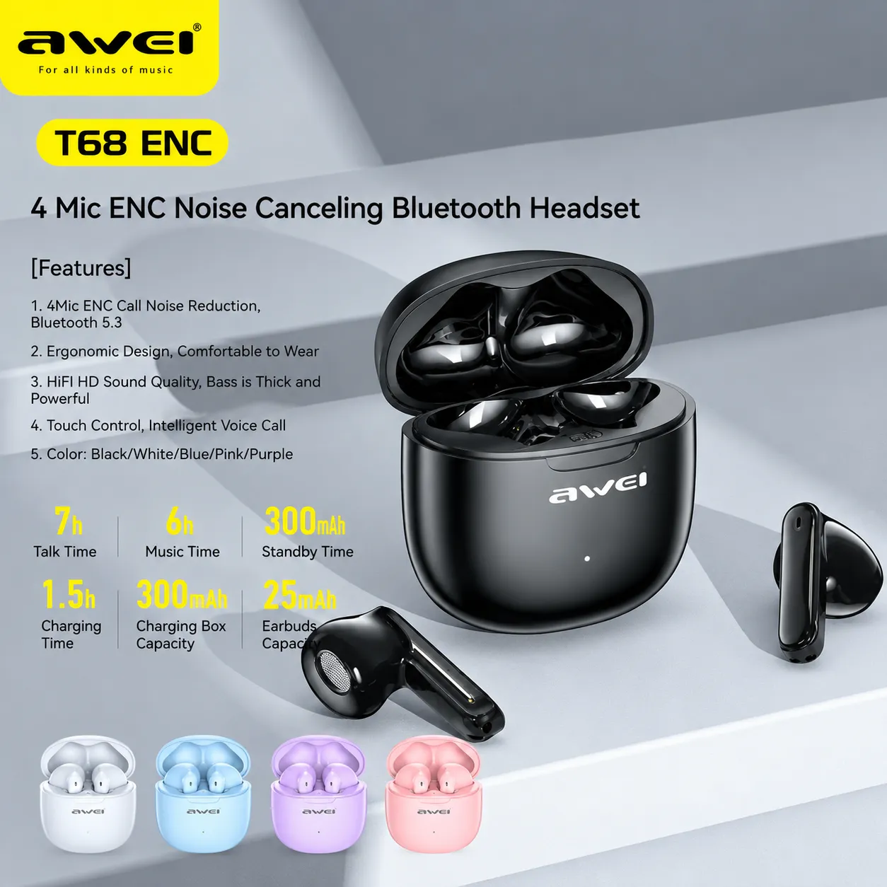 AWEI T68 Bluetooth 5.3 TWS ENC Noise Reduction with Dual HD Mic