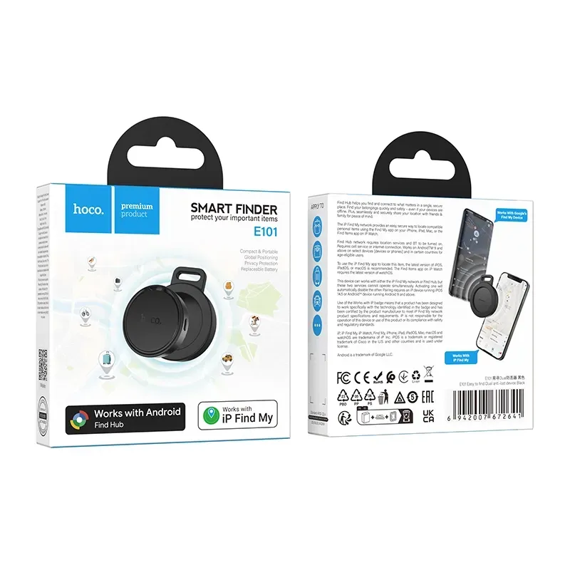HOCO E101 Smart Tag Anti-Lost Bluetooth Finder with Apple/Google Find My, Precise Tracking, Replaceable Battery, 8-Month Backup, Android/iOS