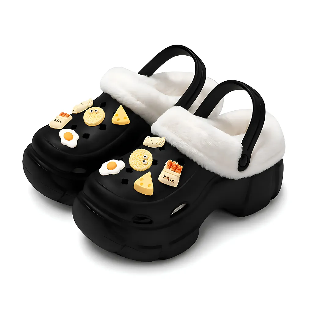 Black Winter Fleece Lined Clogs for Women - Yellow