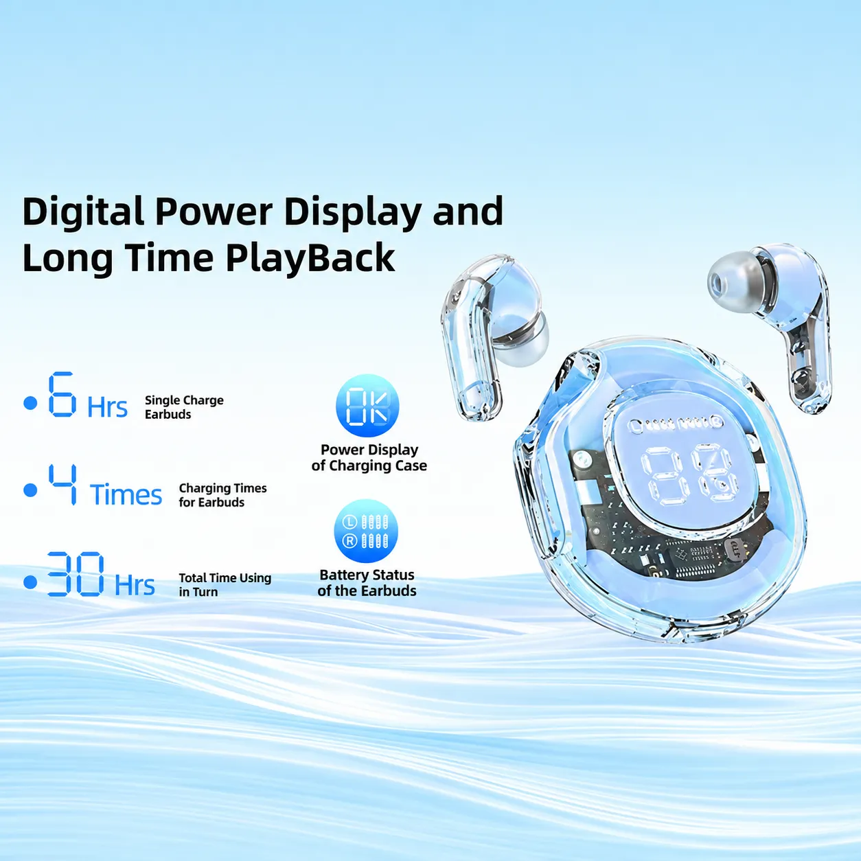 Enjoy wireless listening with Ultra Pro Bluetooth Earbuds, featuring transparent charging case and digital battery display for everyday use.