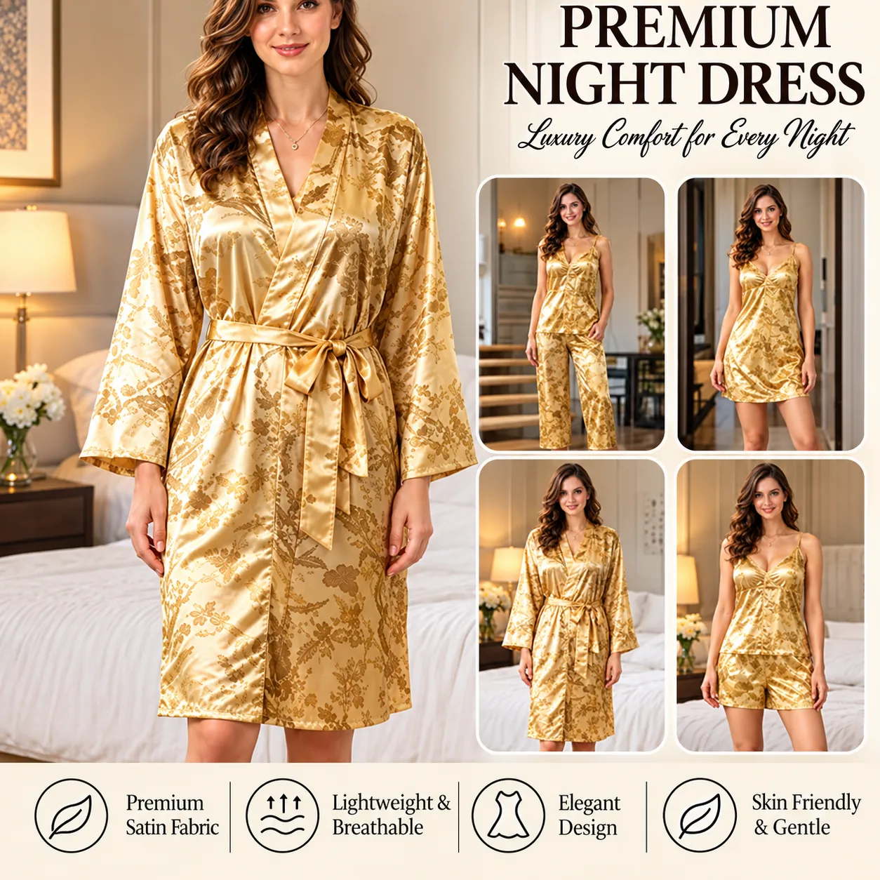 Luxurious Golden Satin Silk 5 Piece Nightwear Set