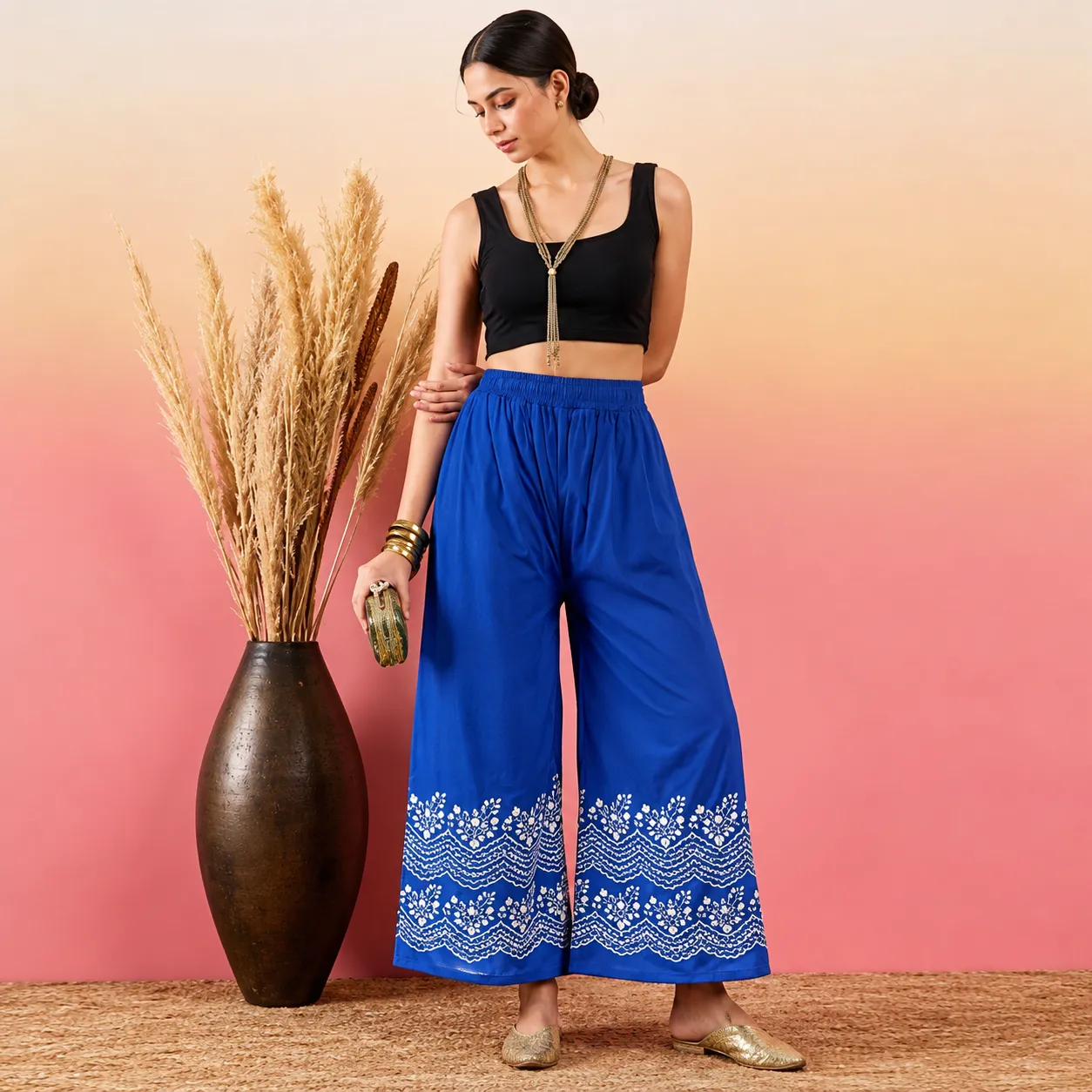 Women’s Blue China Linen Printed Palazzo