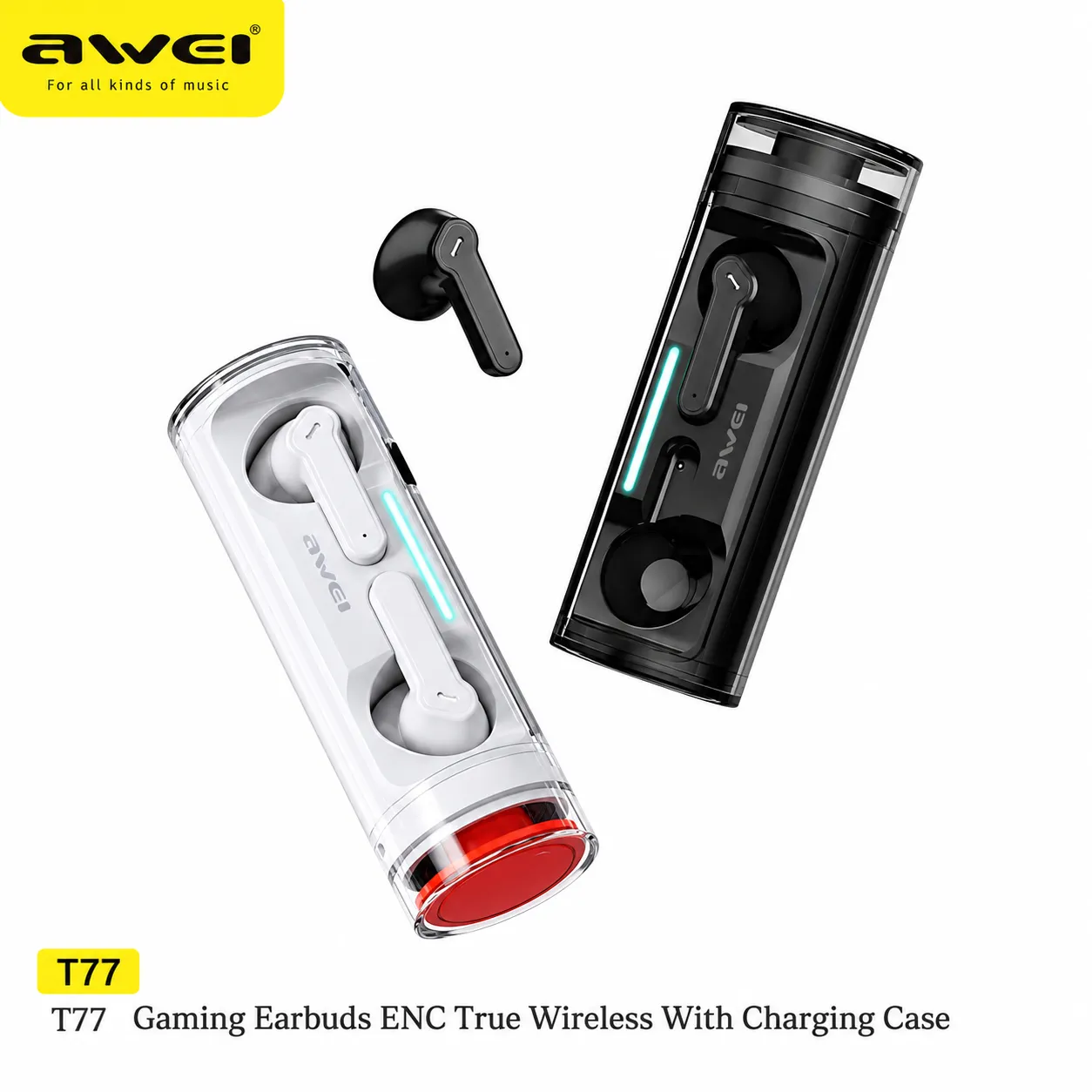 Awei T77 TWS Wireless Earphone Double Mic ENC Bluetooth 5.3 with Rotating Charging Case Noise Cancelling Earbuds