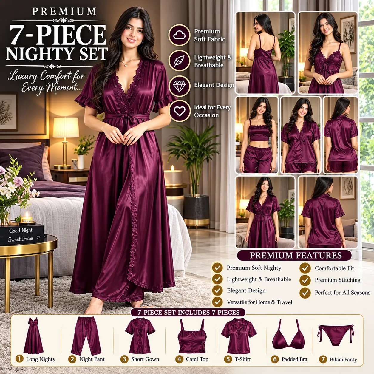 Luxurious 7-Piece Nighty Set  Burgundy