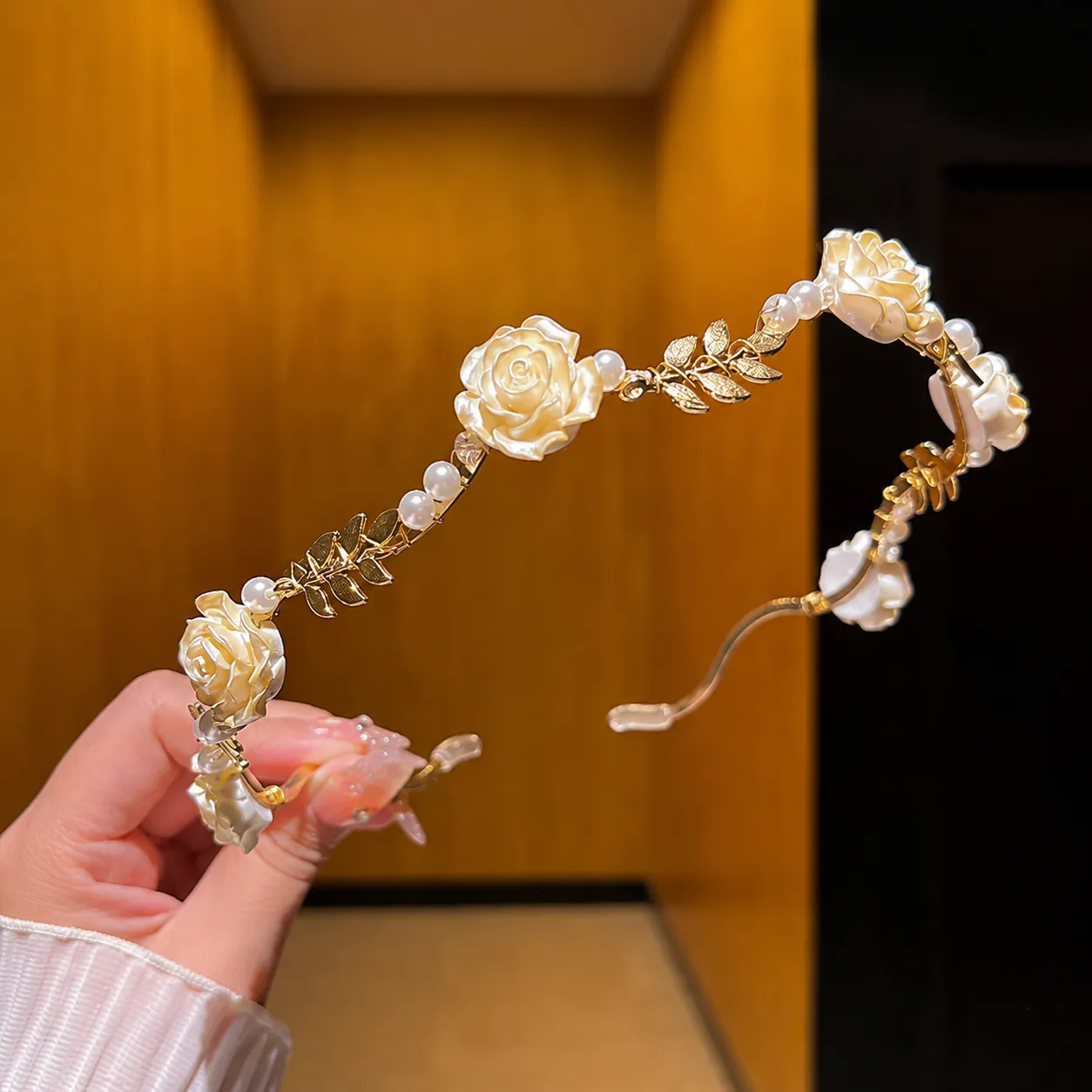 Elegant Red Rose Flower Leaves Headbands For Women Hairband Hair Accessories Pearl Large Hair Claw Clip
