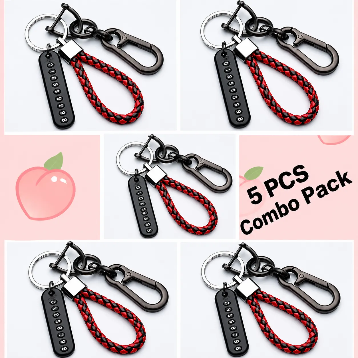 Key Ring with Phone Number Red and black 5 PCS Combo pack