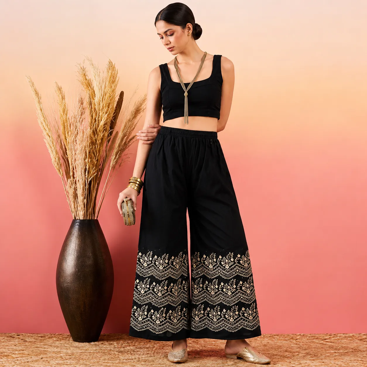 Women’s Black China Linen Printed Palazzo