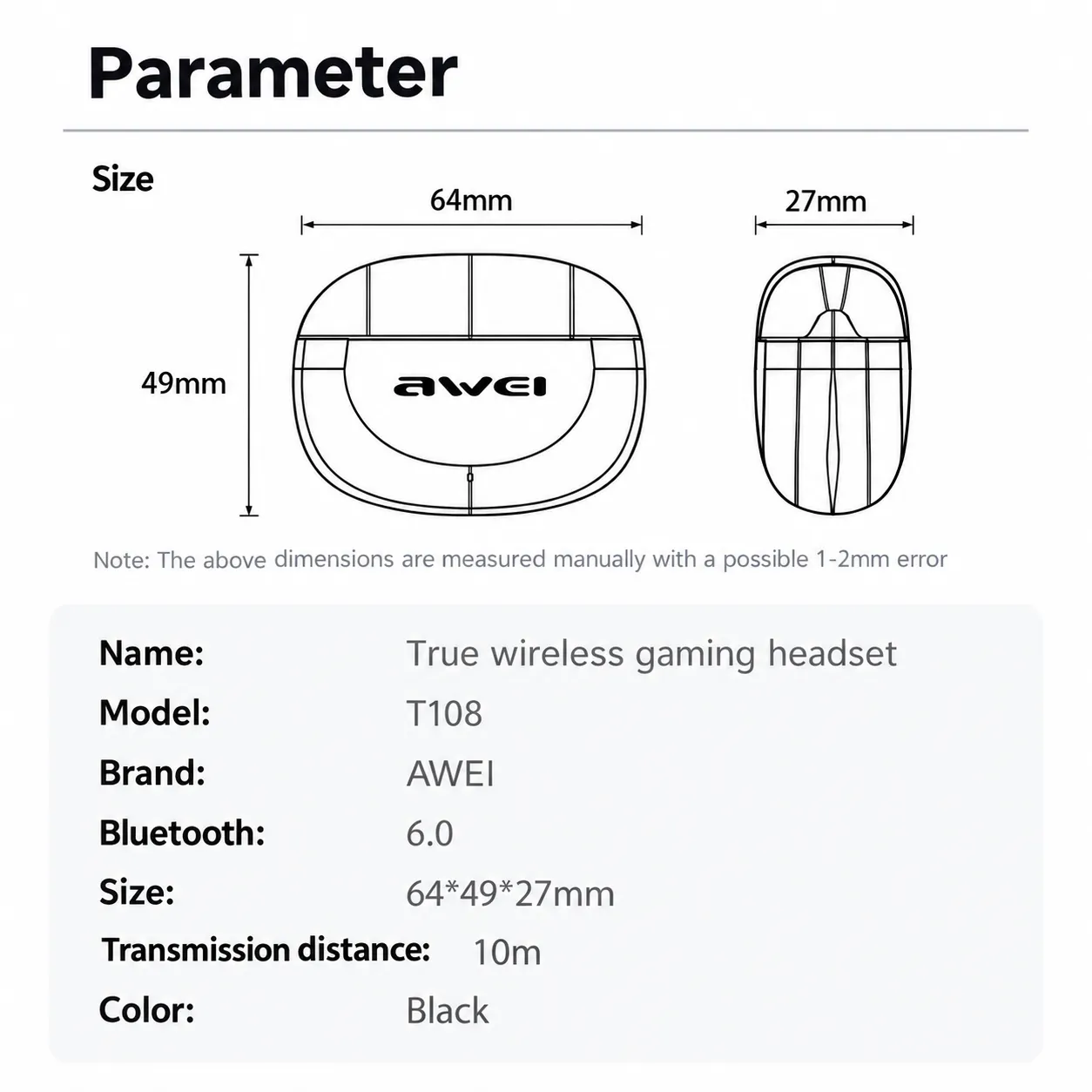 AWEI T108 True Wireless Gaming Bluetooth Headset