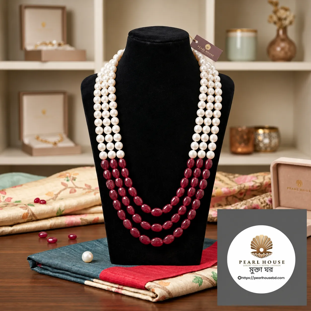 White Round Pearl & Meroon Stone Combination 2 Layer Necklace