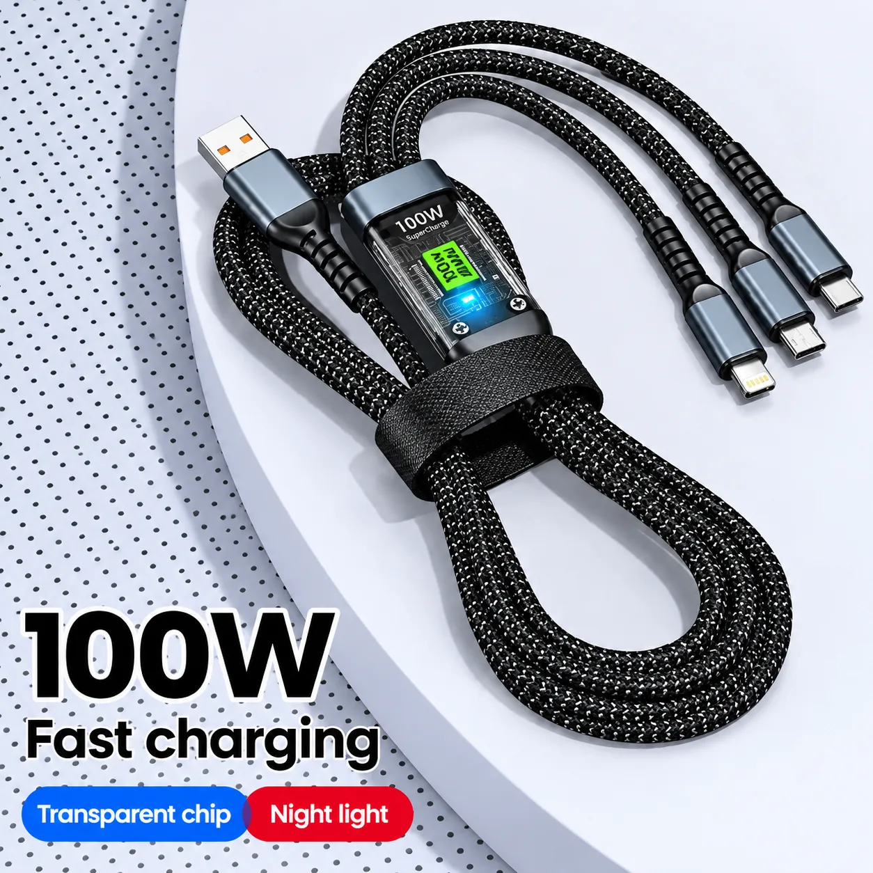 3-in-1 Multi-Port 100W USB Type-C Fast Charging Cable for iPhone, Xigomi, Poco, Huawei, Samsung