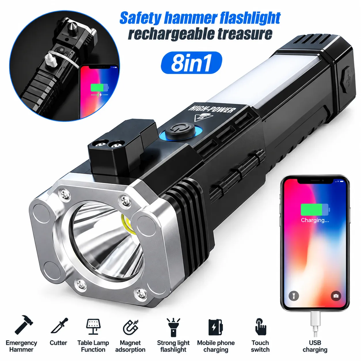 Portable Rechargeable LED Flashlight with Power Bank for Camping, Outdoor Activities and Emergency Use