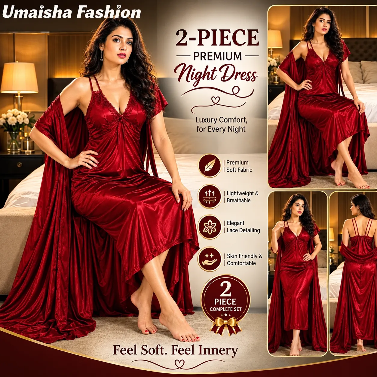 Cross Belt Two Piece Nighty Set Maroon