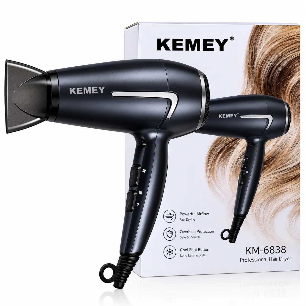 Kemei KM 6834 Hair Dryer 1000W, Compact and Lightweight Hair Styling Dryer for Everyday Use at Home