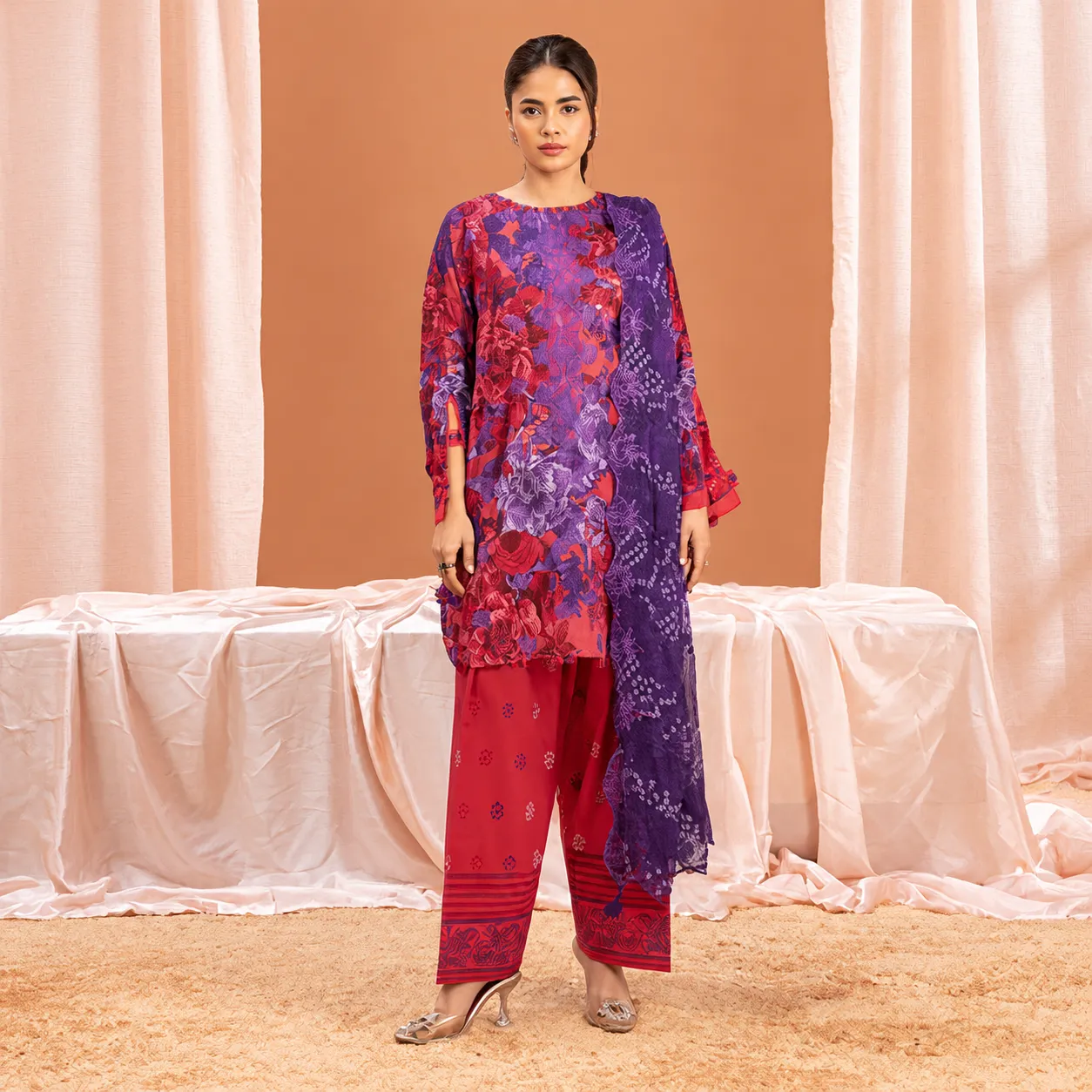 Pakistani Mishaal by Gulljee Unstitched Three Piece - Crimson Red X Deep Pink