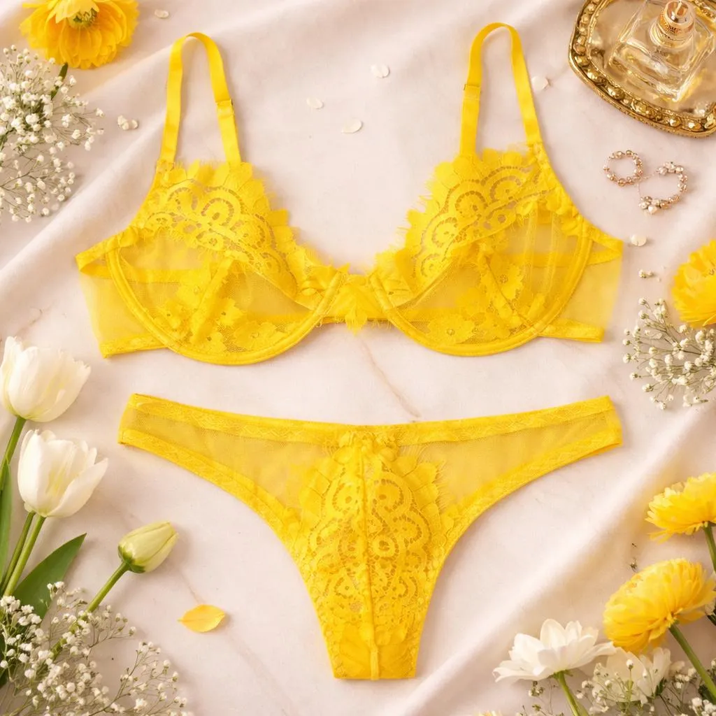 Foreign Trade Unique Yellow Bra Panty Lace Set (China)