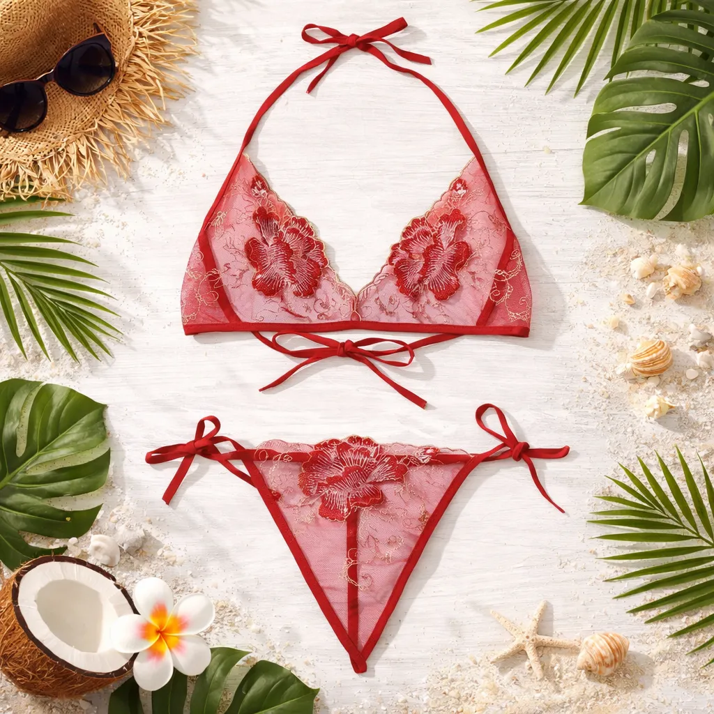 Garo Rose C04 Red Transparent Bra Panty Set for Women & Girls'