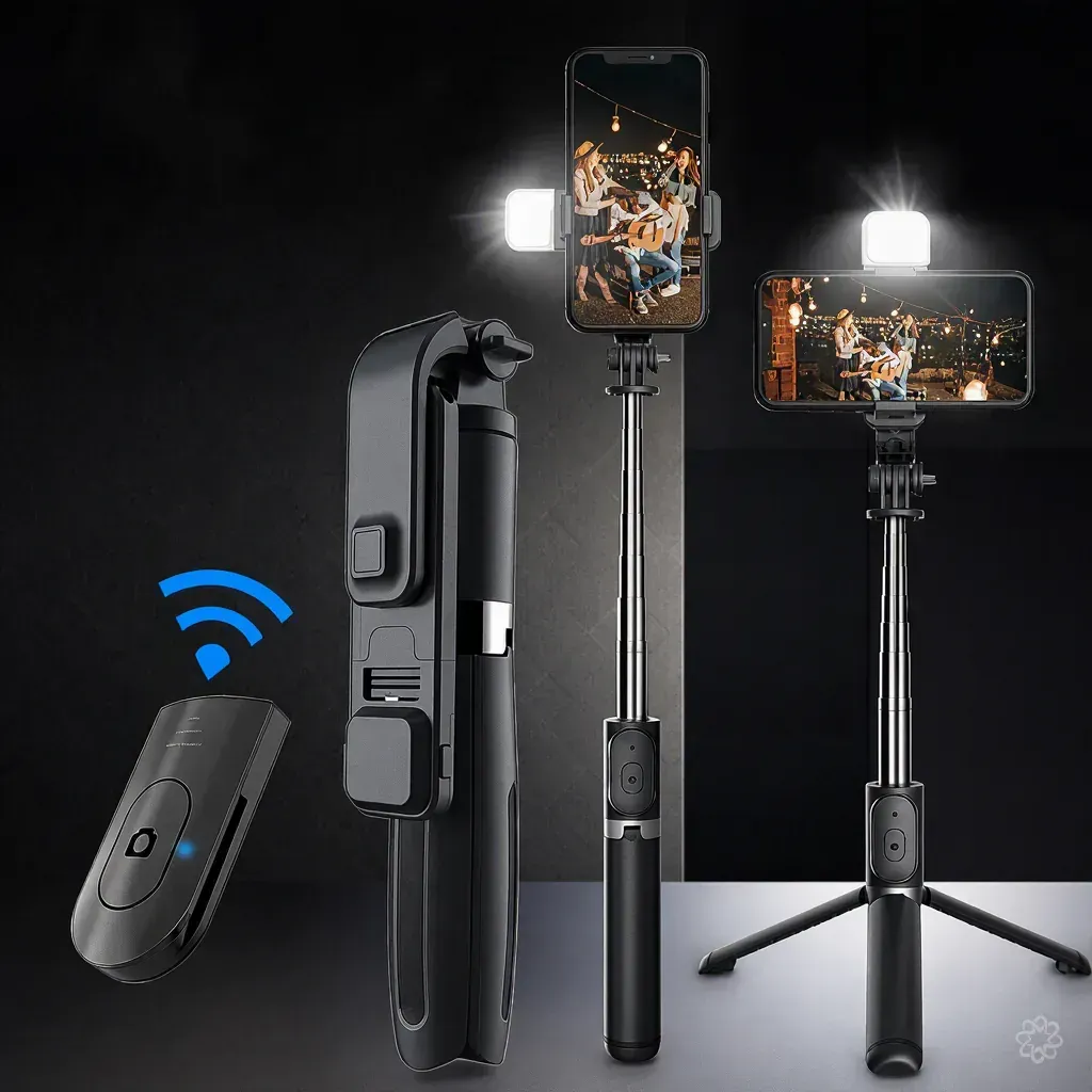 RIS Adjustable 3-in-1 Selfie Stick & Tripod with Bluetooth Remote for Video Shooting, Photography, and Hands-Free Smartphone Use