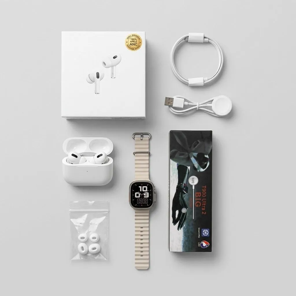 Student Combo AirPods Pro 2 Wireless Earbuds & T900 Ultra 2 Smartwatch with Bluetooth Calling, Fitness Tracker, Full Touch Display & Waterproof Design