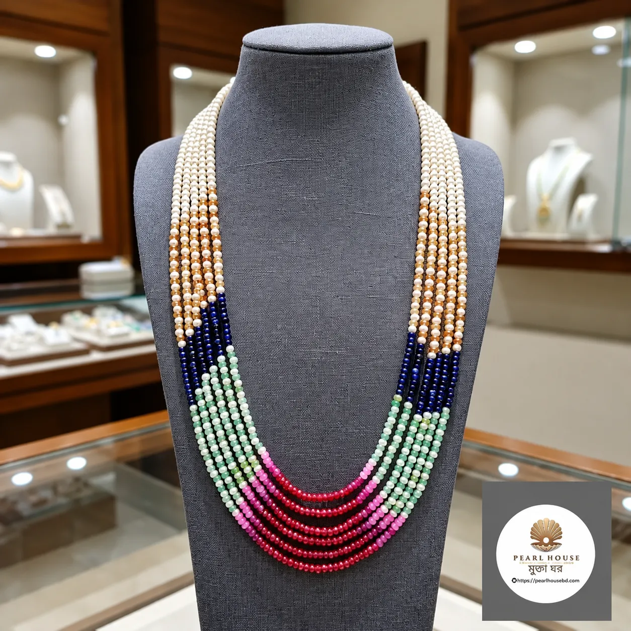 4 MM White Round Pearl & Multicolor Stone 6 Layer Necklace