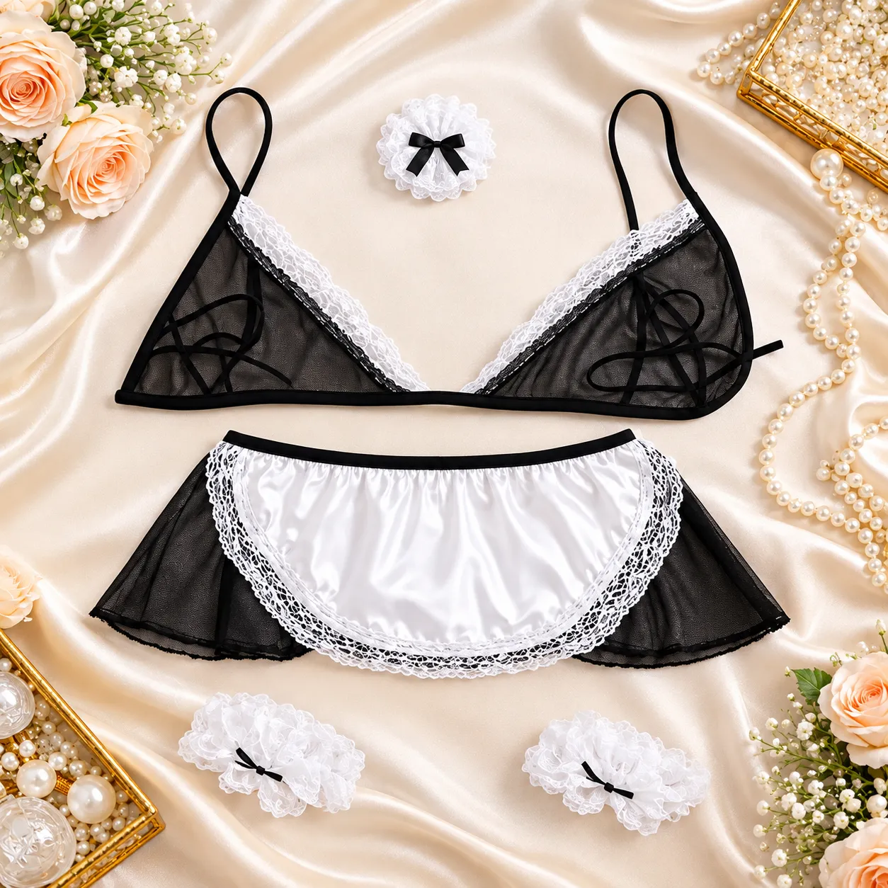 Imported Night Swing Black Lace Mesh Maid Lingerie Set - China