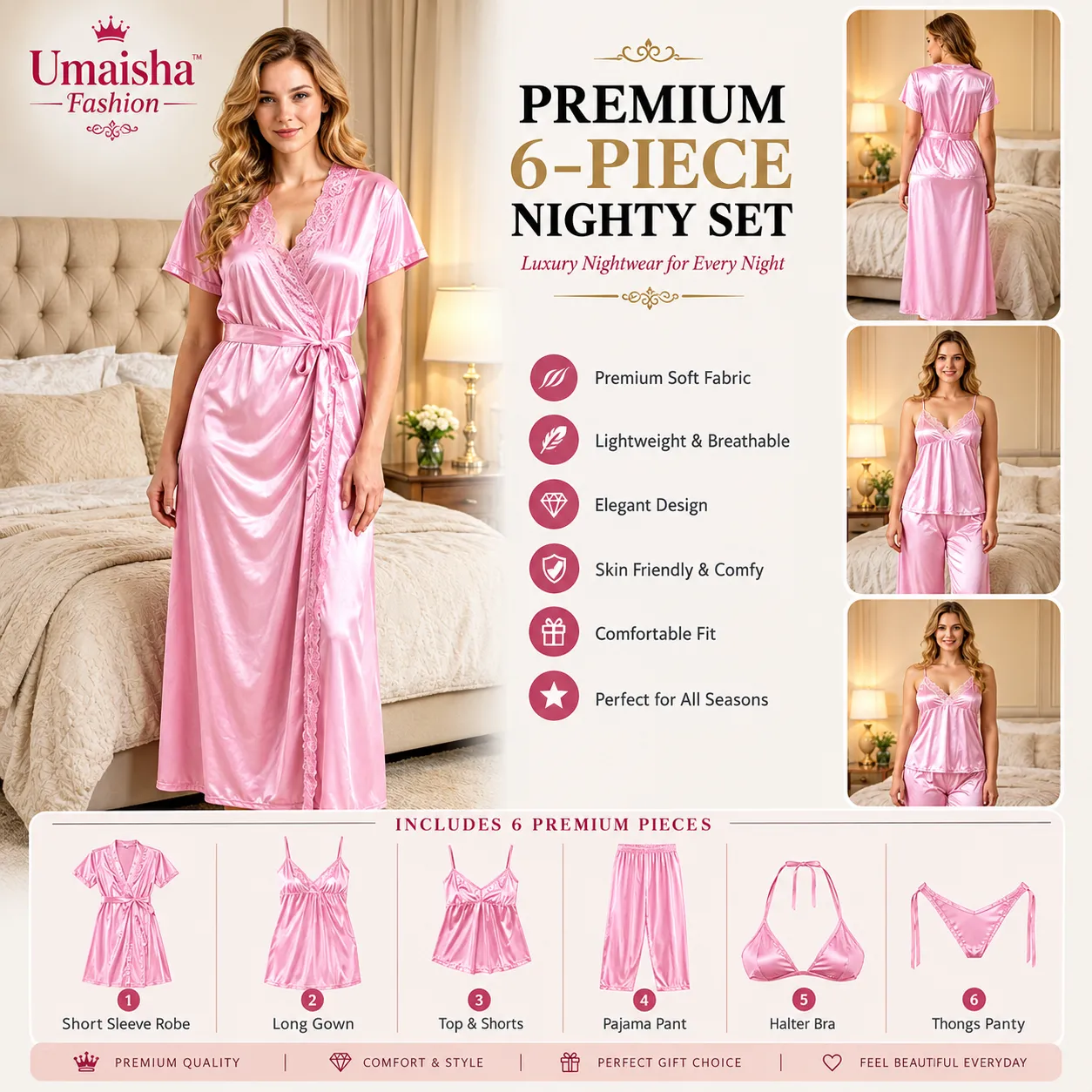 Luxurious 6 Piece Nighty Set Cavern Pink