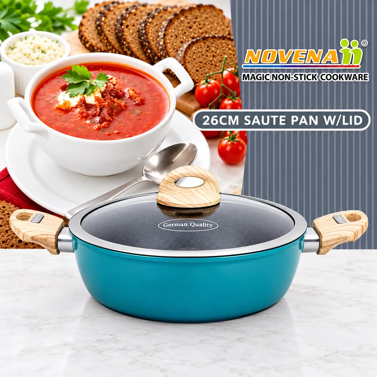 Novena Non stick Marble Saute Pan with Glass Lid - 26cm