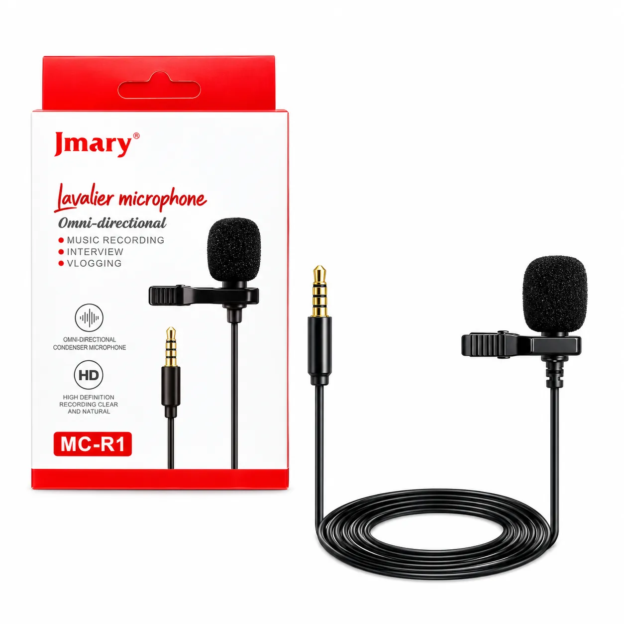 Jmary MC-R1 3.5mm omnidirectional condenser lavalier mic for mobile phones, PCs plus laptops. Clip-on design for YouTube, vlogging plus interviews.
