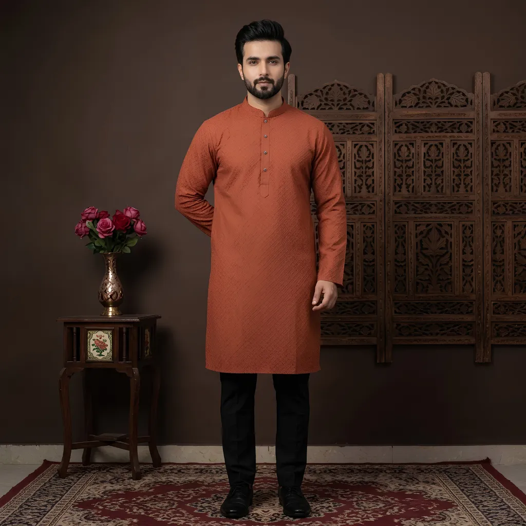 Signature Plain Panjabi for Men - Rusty Bricks
