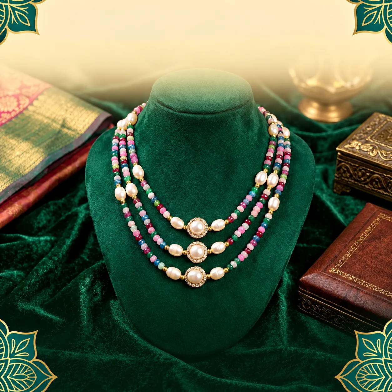 Original Pearl & Original Stone Combination 3 Layer Necklace